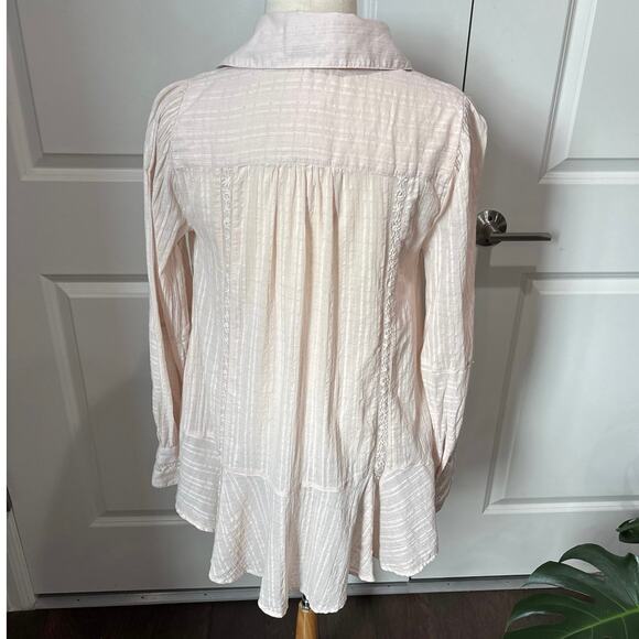 Free People Mikaela Light Pink Embroidered Button Front Tie Neck Cotton Tunic XS - Picture 5 of 14